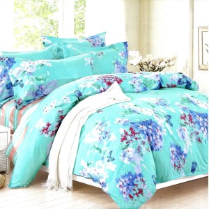 Lenjerie pat dublu,  FINET, 6 piese, Turquoise, flori