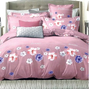 Lenjerie pat dublu,  FINET, 6 piese, Roz, flori