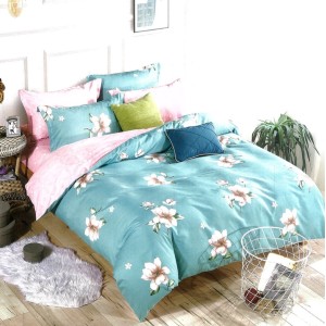 Lenjerie pat dublu,  FINET, 6 piese, Bleu, flori