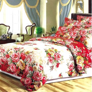 Lenjerie pat dublu,  FINET, 6 piese, Rosu, flori