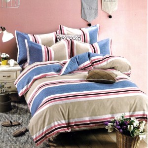 Lenjerie pat dublu,  FINET, 6 piese, Bej-Albastru, dungi