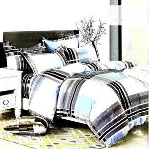 Lenjerie pat dublu,  FINET, 6 piese, Gri-Bleu, carouri