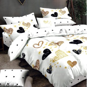 Lenjerie pat dublu,  FINET, 6 piese, Alb-Auriu, inimioare