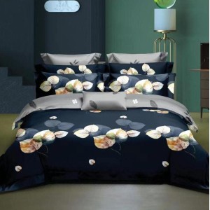 Lenjerie pat dublu,  FINET, 6 piese, cu ELASTIC, Bleumarin, frunze