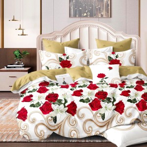 Lenjerie de Pat Dublu, 4 Piese, din Bumbac 100% Percalle cu Două Fețe – Confort Premium, Design Versatil și Durabilitate de Excepție, Crem, Rosu, Bej, flori