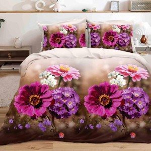 Lenjerie pat dublu, 4 piese, IMPRIMEU 3D Multiplicat Multiplicat, Microfibra, Mov, flori