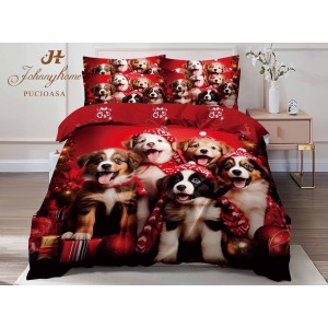 Lenjerie pat dublu,  FINET, Digital Print, Craciun, Roșu, catelusi