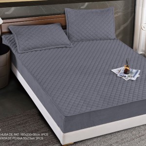 Husă Matlasată Tip Topper din Catifea 160x200cm, cu 2 Fețe de Pernă 50x70cm -  Somn Odihnitor și Susținere pentru Spate, Gri inchis