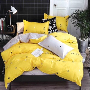 Lenjerie pat 1 PERSOANA,  FINET, 4 piese, cu ELASTIC, Galben, gene, stelute