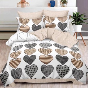 Lenjerie pat dublu,  FINET, 6 piese, Bej-Gri, inimioare