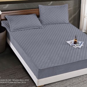 Husă Matlasată Tip Topper din Catifea 160x200cm, cu 2 Fețe de Pernă 50x70cm -  Somn Odihnitor și Susținere pentru Spate, Gri mediu