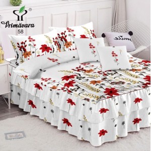 Lenjerie pat dublu,  FINET, 6 piese, cu VOLANASE, Alb-Rosu, flori