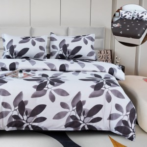 Lenjerie pat dublu, bumbac satinat,  cu ELASTIC, 4 PIESE, alb, negru, frunze