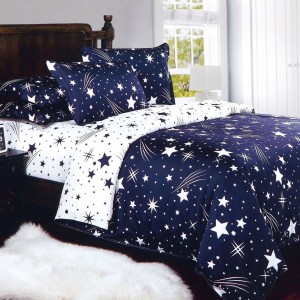 Lenjerie pat 1 PERSOANA, 4 piese, cu ELASTIC,  Albastru, stelute