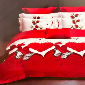 Lenjerie pat dublu,  FINET, 6 piese, Roșu, Alb, inimioare, fluturi