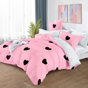 Lenjerie pat dublu,  FINET, 6 piese, cu ELASTIC, Roz, inimioare