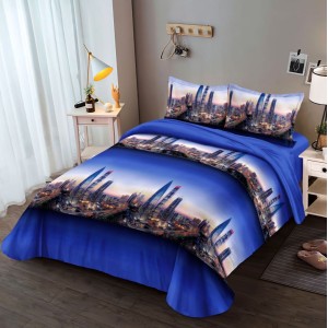 Lenjerie pat dublu, 4 piese, IMPRIMEU 3D Multiplicat, Microfibra, Albastru, oras