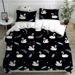 Lenjerie pat dublu cu doua feţe, bumbac satinat, 4 piese,  Negru, lebede