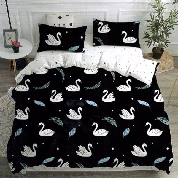 Lenjerie pat dublu cu doua feţe, bumbac satinat, 4 piese,  Negru, lebede [1]