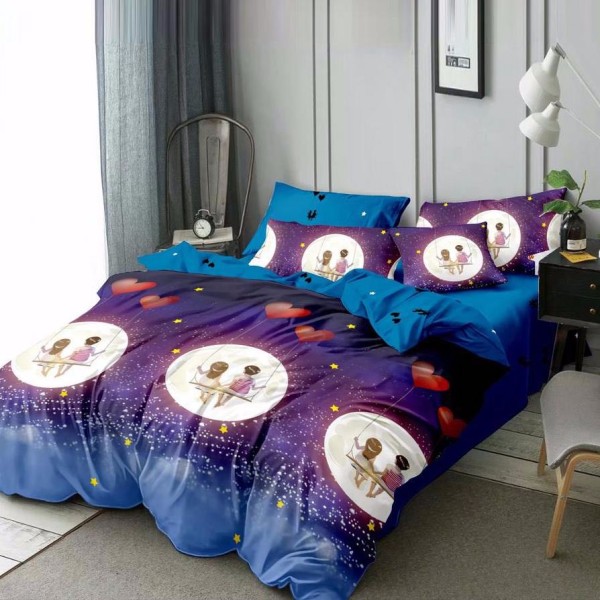 Lenjerie pat dublu cu doua feţe, bumbac satinat, 4 piese,  Albastru, stelute, inimioare, indragostiti [1]