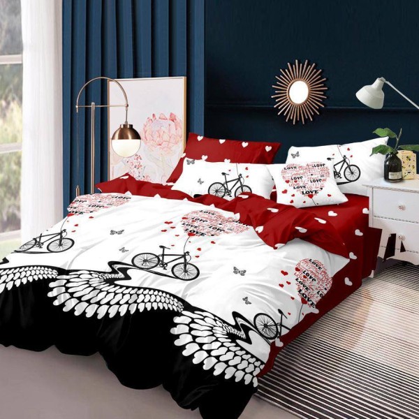 Lenjerie pat dublu cu doua feţe, bumbac satinat, 4 piese,  Negru, biciclete, fluturi, inimioare [1]