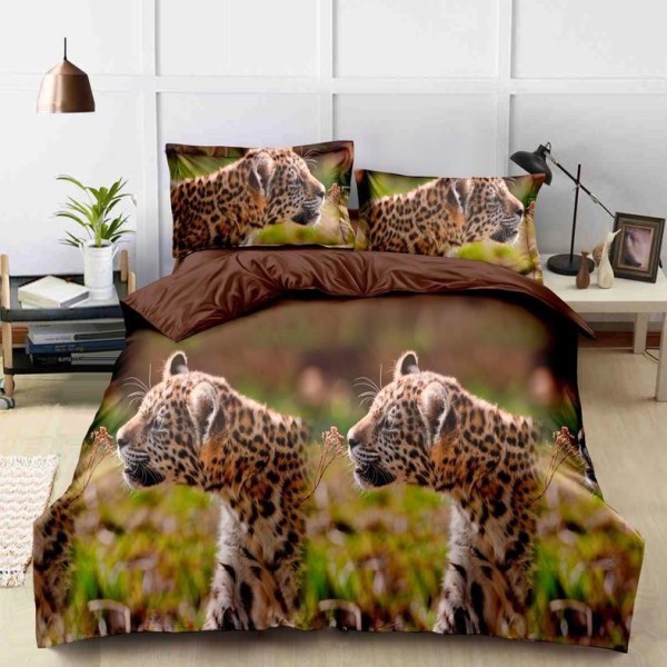 Lenjerie pat dublu, 4 piese, IMPRIMEU 3D Multiplicat, Microfibra, Maro, leoparzi [1]
