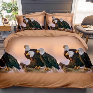 Lenjerie pat dublu, 4 piese, IMPRIMEU 3D Multiplicat, Microfibra, Maro, vulturi
