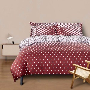 Lenjerie pat dublu cu doua feţe, bumbac satinat, 4 piese,  Rosu, romburi