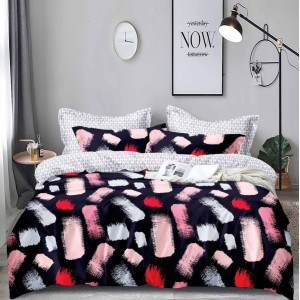 Lenjerie pat dublu cu doua feţe, bumbac satinat, 4 piese,  Roz, abstract