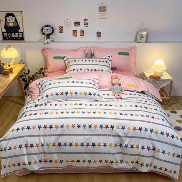 Lenjerie pat dublu cu doua feţe, bumbac satinat, 4 piese,  Alb, stelute [1]