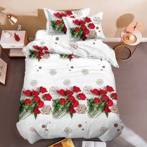 Lenjerie pat 1 PERSOANA, 3 piese, IMPRIMEU 3D Multiplicat, Microfibra, Alb-Rosu, trandafiri