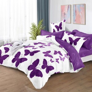Lenjerie pat dublu,  FINET, 6 piese, cu ELASTIC, Mov, fluturi