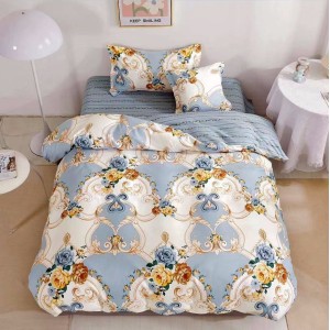 Lenjerie pat 1 PERSOANA,  FINET, 4 piese, cu ELASTIC, Bleu, flori