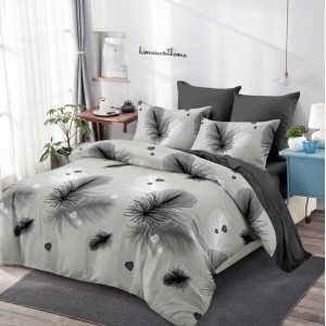 Lenjerie pat dublu,  FINET, cu elastic, 6 piese, Gri, pene, inimioare
