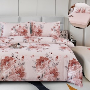 Lenjerie pat dublu, bumbac satinat,  cu ELASTIC, 4 PIESE, crem piersica, flori