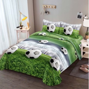 Lenjerie pat 1 PERSOANA, 3 piese, IMPRIMEU 3D Multiplicat, Microfibra, Alb-Verde, fotbal