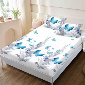 Cearsaf cu elastic, FINET, 160x200cm, 2 fete de perne 50x70cm, Gri-Bleu, pene, fluturi