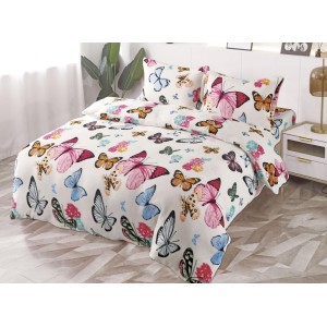 Lenjerie pat dublu, Super Pufoasa COCOLINO, 4 piese, cu ELASTIC, Alb, Multicolor, fluturi