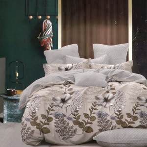 Lenjerie pat dublu,  FINET, 6 piese, Grej, flori, frunze