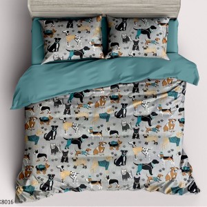 Lenjerie pat Single, BUMBAC 100% Percal, cu 2 Fețe, 4 piese, Gri, Albastru, Catelusi