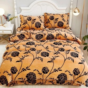 Lenjerie pentru Pat Dublu, Cocolino Premium, 4 Piese – Plușată, Groasă, și Călduroasă, Ideală pentru Iarnă –  Confort Maxim, Antișifonare, Mustar, flori