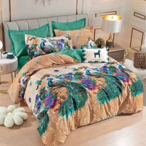 Lenjerie pat dublu,  FINET, 6 piese, Jojo Home, Bej, Verde, pauni