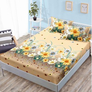 Cearsaf cu elastic, FINET, 160x200cm, 2 fete de perne 50x70cm, Bej, flori