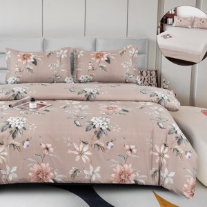 Lenjerie pat dublu, bumbac satinat,  cu ELASTIC, 4 PIESE, bej, flori