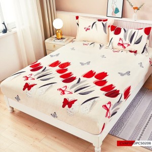 Cearșaf cu Elastic Cocolino 180x200x25 cm – Set cu 2 Fețe de Pernă, Gros și Pufos, Calitate Premium pentru Confort și Eleganță, Crem, Roșu, flori