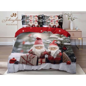 Lenjerie pat dublu,  FINET, Digital Print, Craciun, Gri, Roșu, spiridușii lui Moș Crăciun, brazi, cadouri