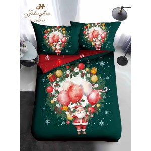 Lenjerie pat 1 PERSOANA, BUMBAC FINET, 4 piese, Identică cu Poza, Craciun, Verde, Rosu, Moș Crăciun, coroniță de brad