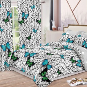 Lenjerie pat dublu,  FINET, 8 piese, cu 2 DRAPERII INCLUSE, Gri, fluturi pe pietre