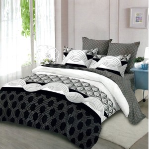 Lenjerie pat dublu,  FINET, cu elastic, 6 piese, Gri-Negru, forme geometrice