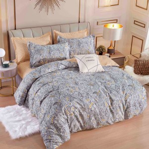 Lenjerie pat dublu,  FINET, 6 piese, cu ELASTIC, Jojo Home, Gri, model floral